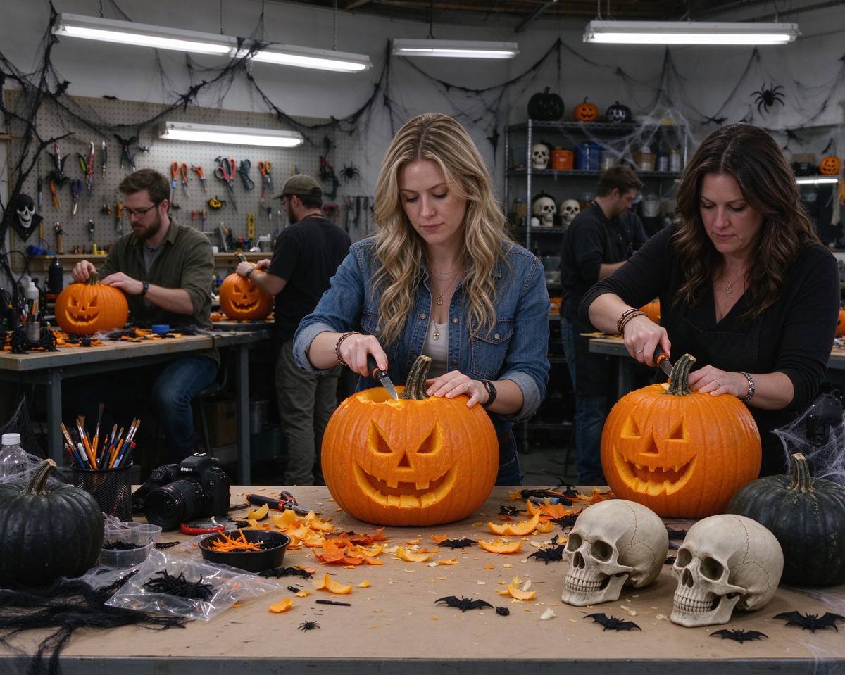Indie developer workspace decorated for Halloween with a glowing pumpkin