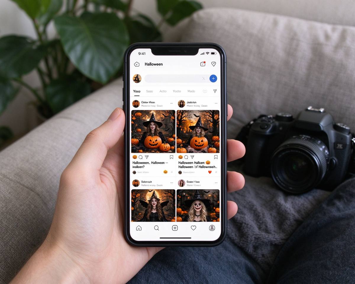 Phone screen showing a Halloween costume photo ready to post on Instagram