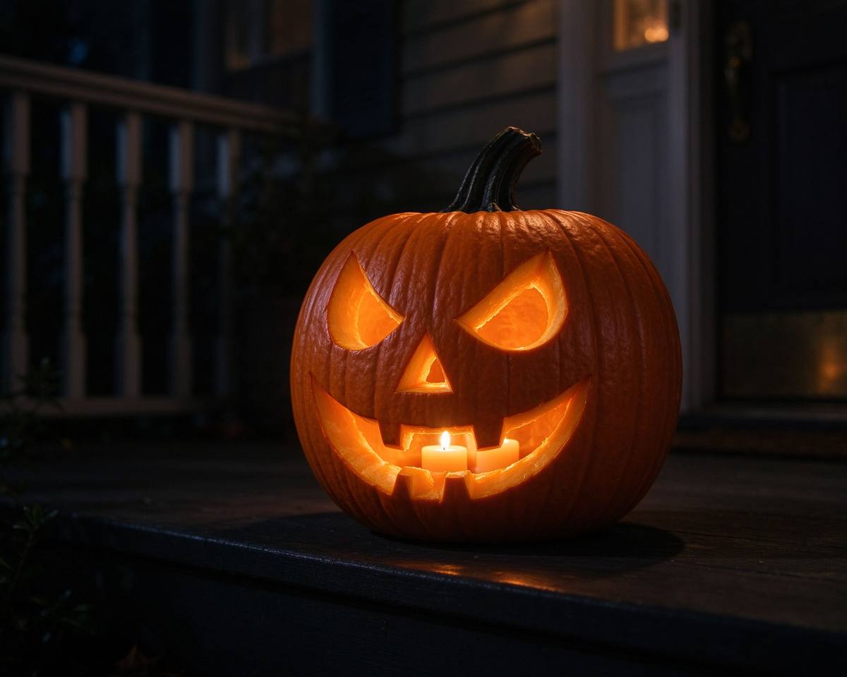 Carved jack-o'-lantern with a simple spooky face sitting on a wooden porch at dusk