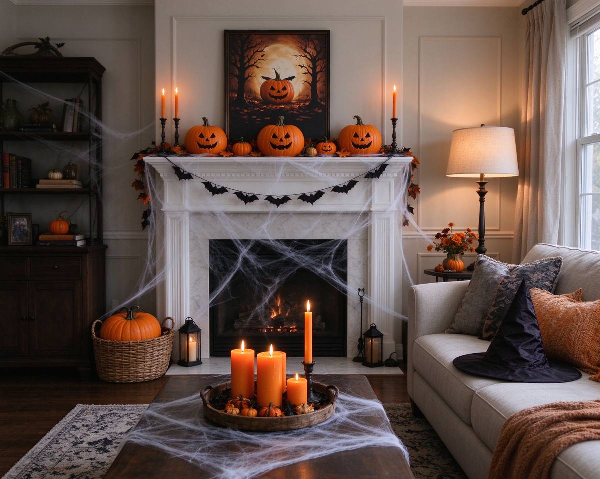 Living room decorated for a Halloween party with pumpkins, candles and string lights