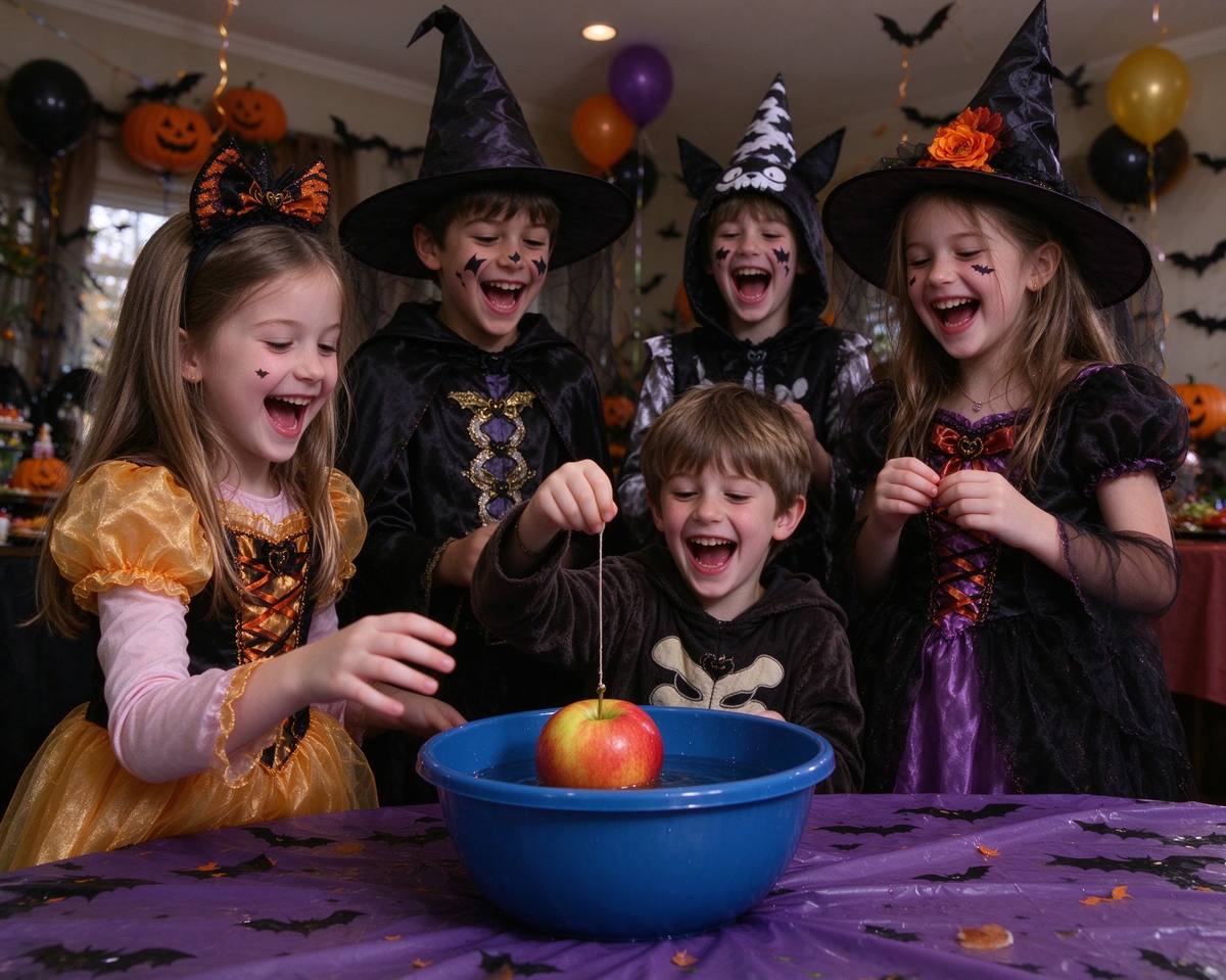 Kids and adults playing a Halloween party game around a table with bingo cards