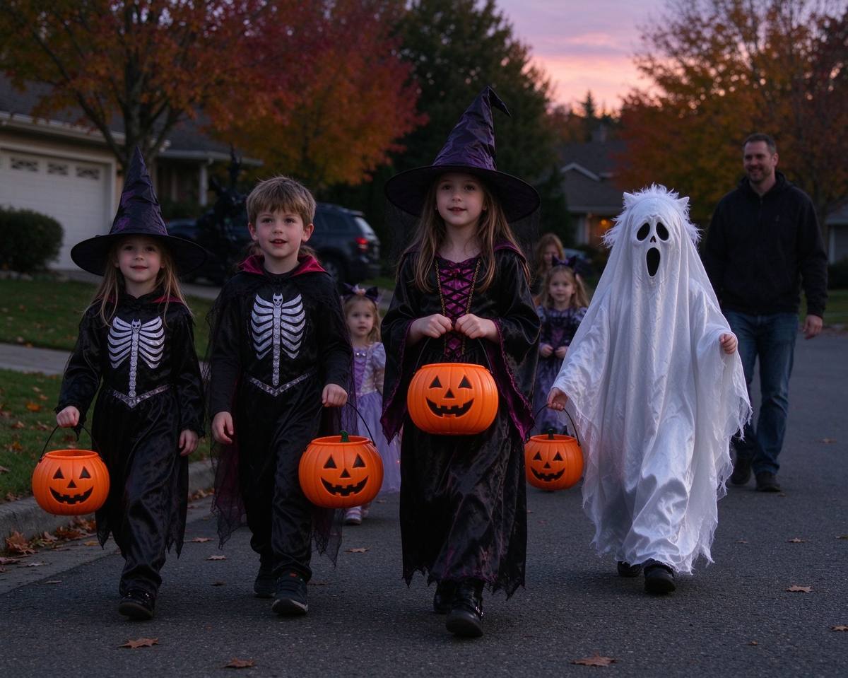 Children trick-or-treating on a decorated street