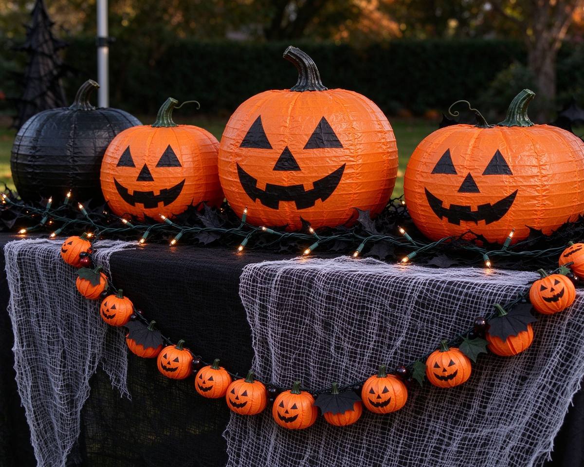 Front porch decorated with cheap Halloween pumpkins, ghosts and string lights