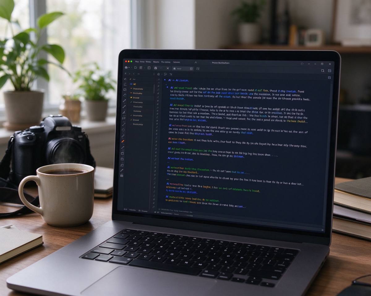 Writing AI art prompts on a laptop