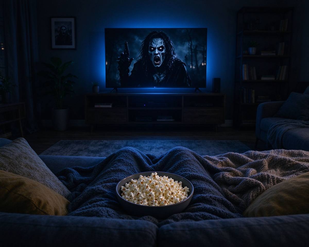 Cozy living room at Halloween night: a TV glowing with a spooky movie, pumpkins and blankets on the floor