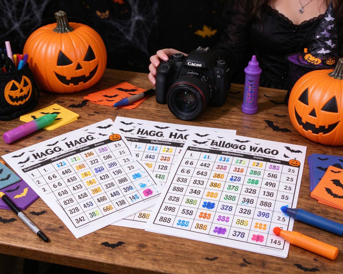 Halloween bingo cards on a party table
