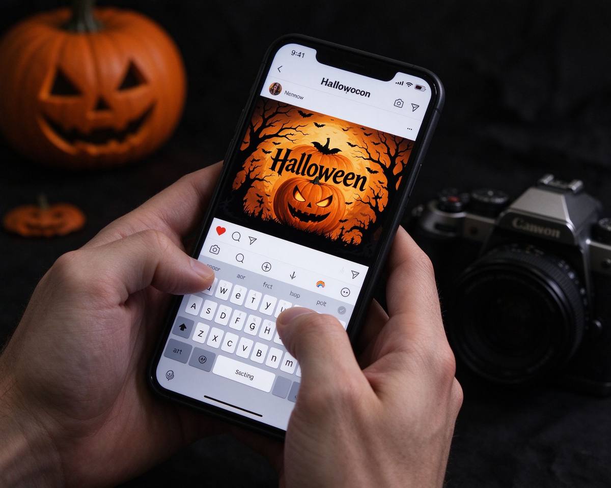 Typing a Halloween social media post on a phone