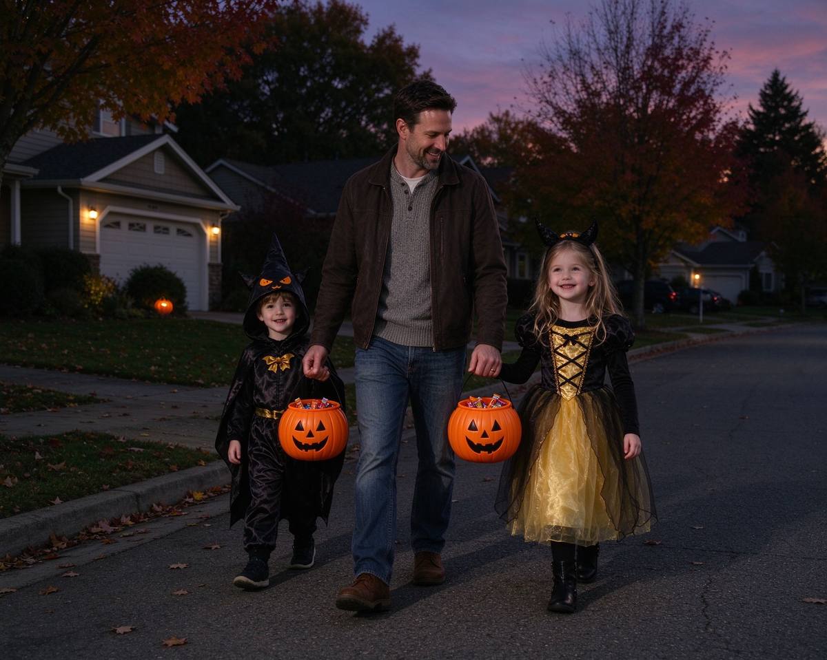 Kids trick-or-treating with parents at dusk