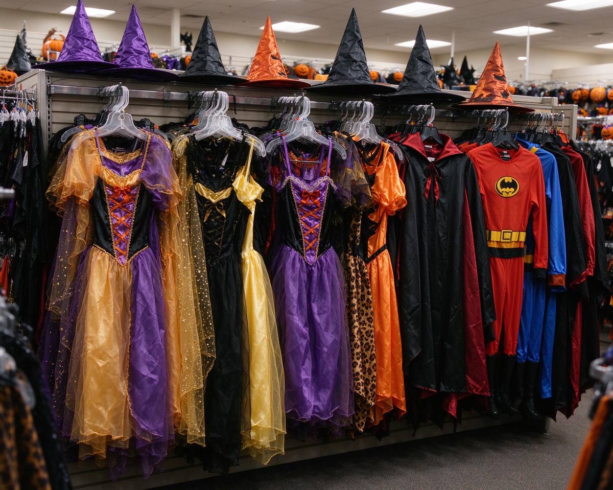 Halloween costumes hanging on a rack