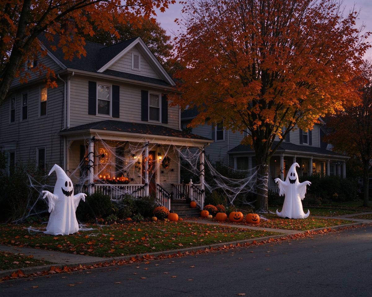 Neighborhood street with Halloween decorations at dusk