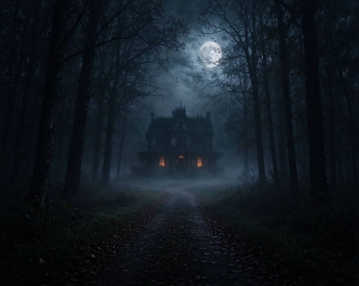 Foggy haunted house path