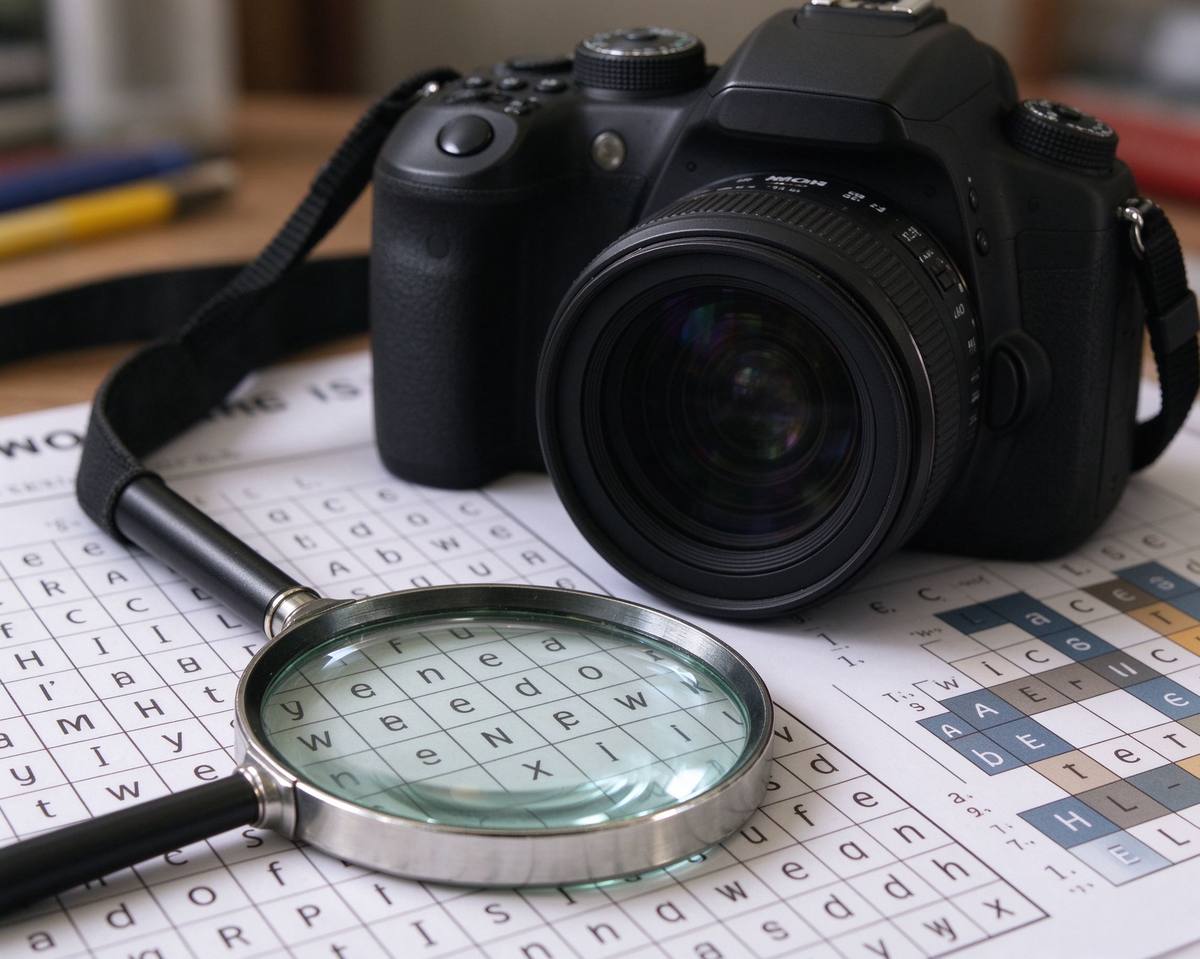 Magnifying glass over a Halloween word puzzle